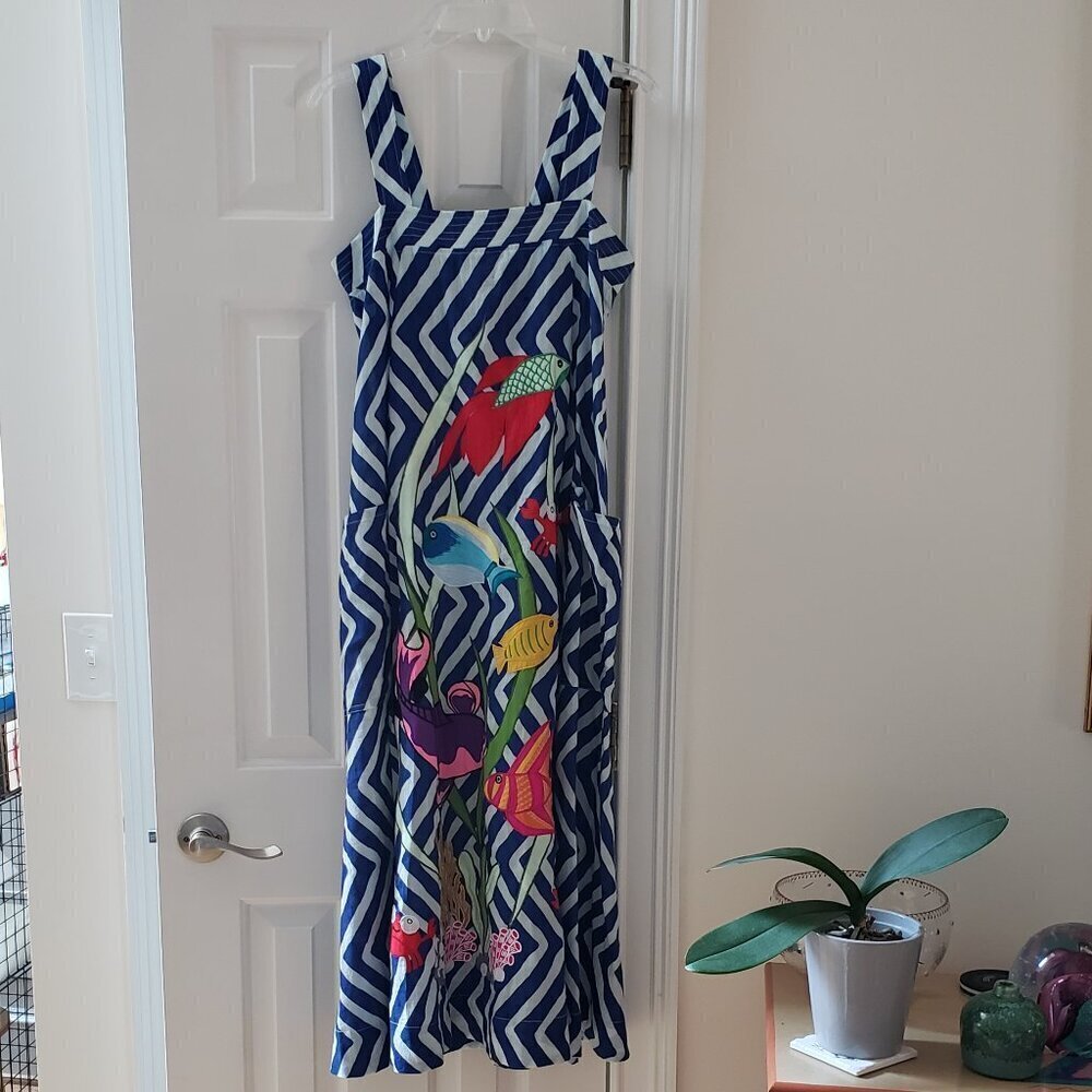 Anouk Grewal - Blue/White Stripe Cotton Sundress with Fish Appliques. Size Small